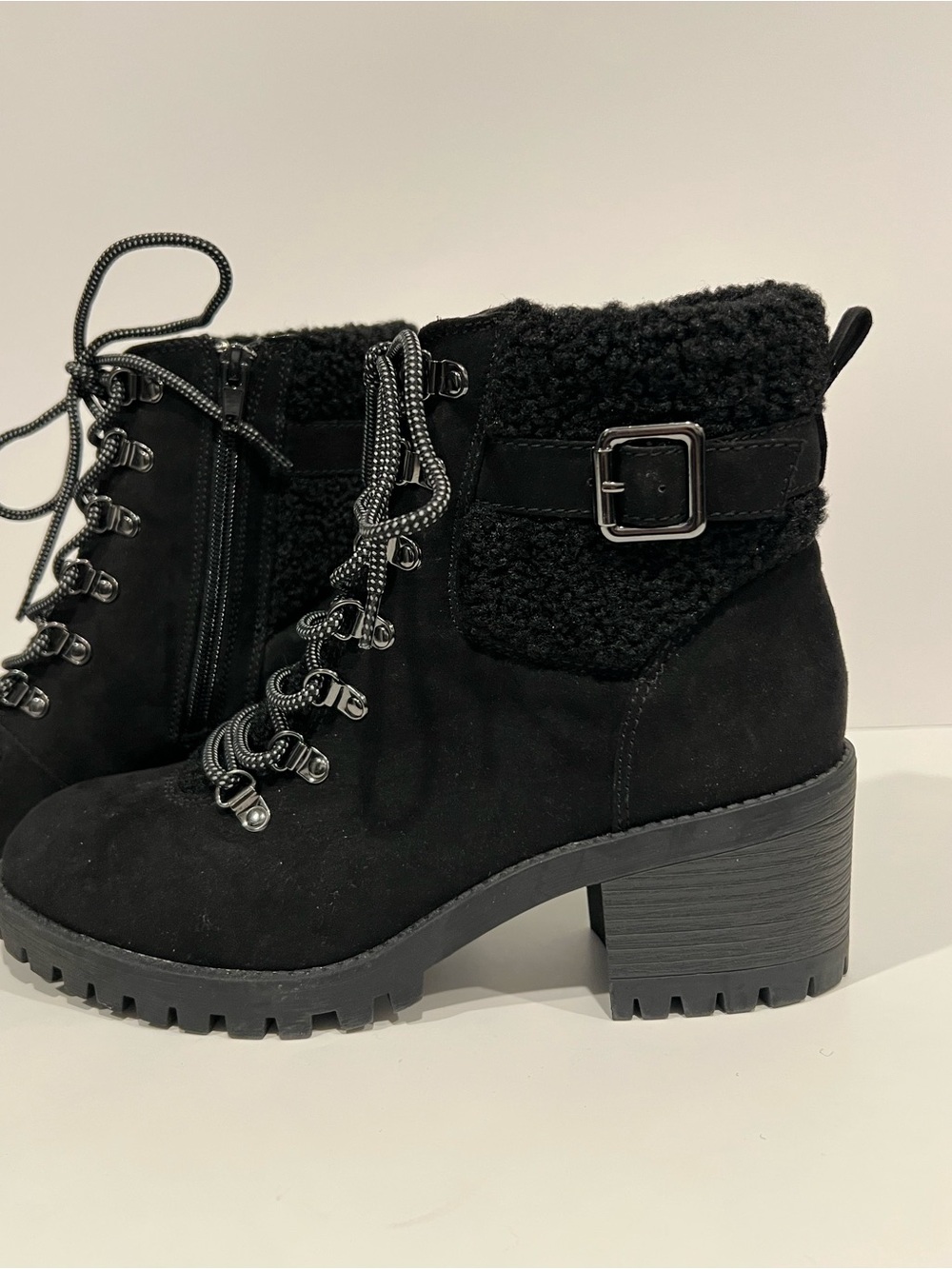 Madden Girl Black Lace-Up Lug Heel Ankle Boots